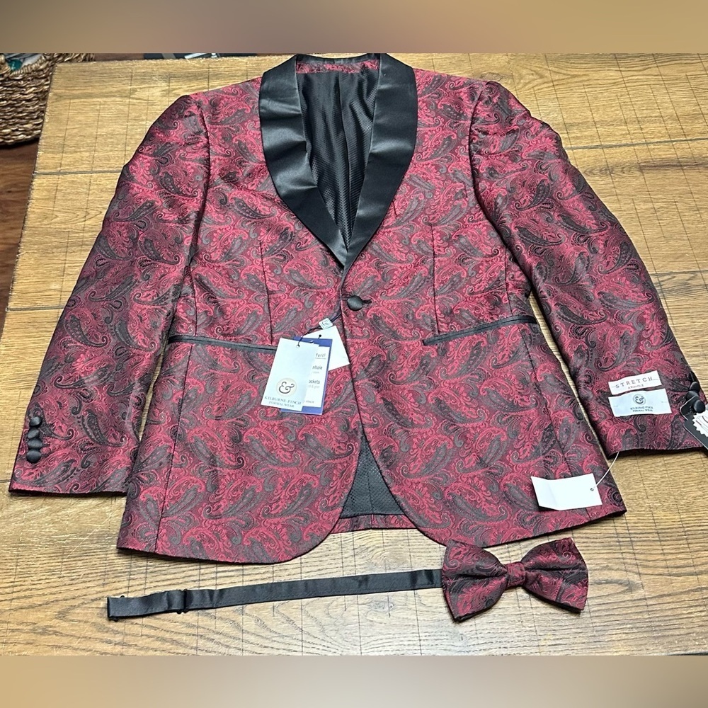 Red Paisley Shawl Collar Tuxedo Jacket with Black Trim